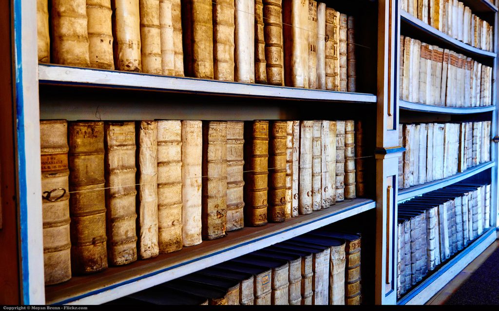 Library shelf of old books
